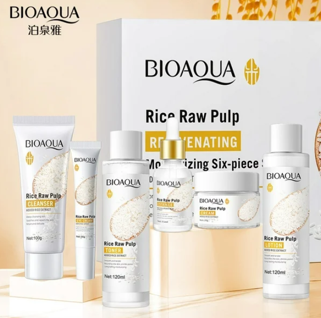 Kit Bioaqua 6 Pcs Rejuvenecedor Facial con Extracto de Arroz | Rutina Completa Hidratante y Antiarrugas