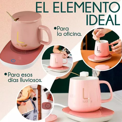 Taza Calentadora Eléctrica Rosa de Cerámica con Base | Mantén tu Café Caliente Siempre