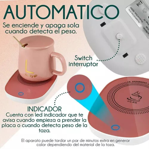 Taza Calentadora Eléctrica Rosa de Cerámica con Base | Mantén tu Café Caliente Siempre