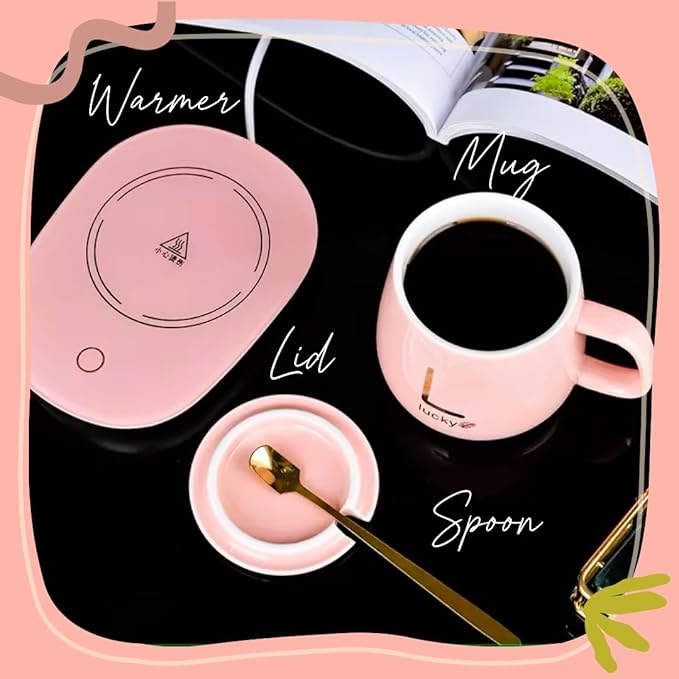 Taza Calentadora Eléctrica Rosa de Cerámica con Base | Mantén tu Café Caliente Siempre
