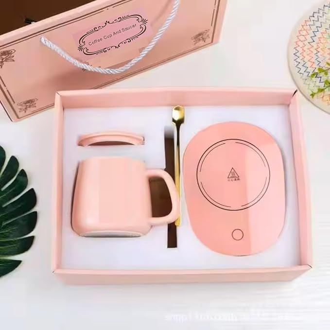 Taza Calentadora Eléctrica Rosa de Cerámica con Base | Mantén tu Café Caliente Siempre