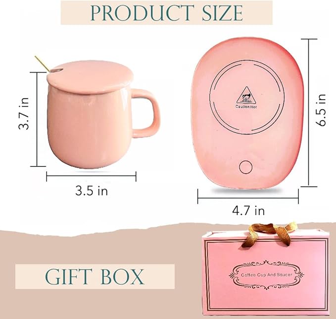Taza Calentadora Eléctrica Rosa de Cerámica con Base | Mantén tu Café Caliente Siempre